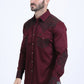 Mens Embroidery Modern Fit Stretch Wine Long Sleeve Shirt