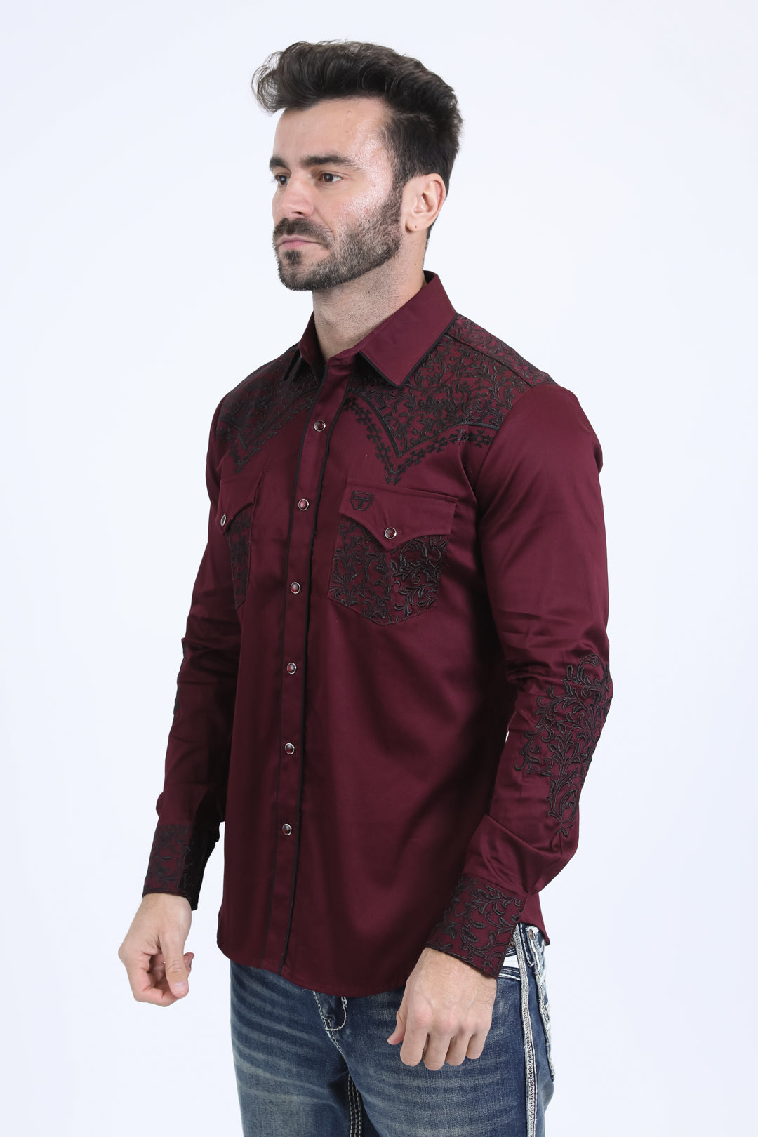 Mens Embroidery Modern Fit Stretch Wine Long Sleeve Shirt