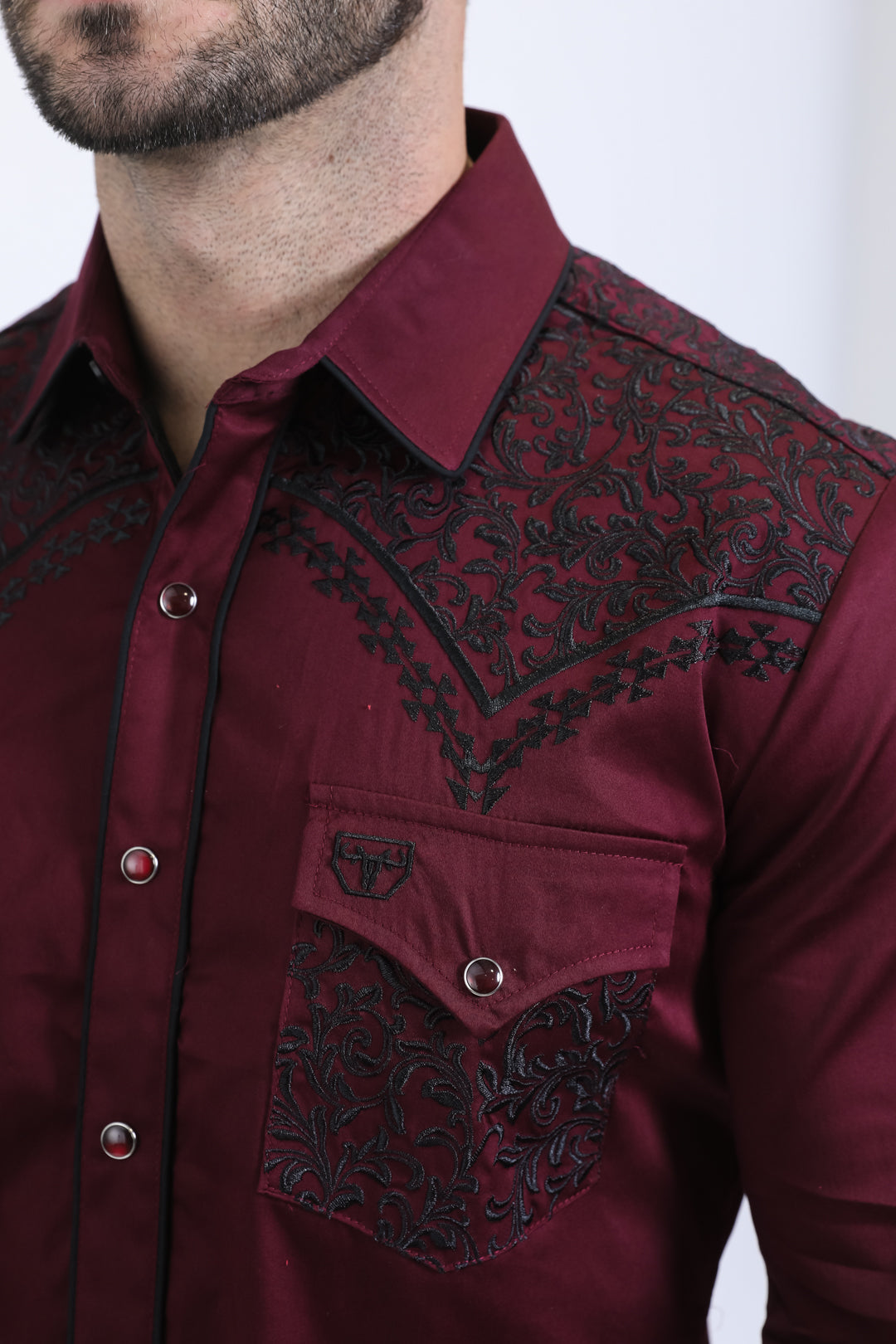 Mens Embroidery Modern Fit Stretch Wine Long Sleeve Shirt