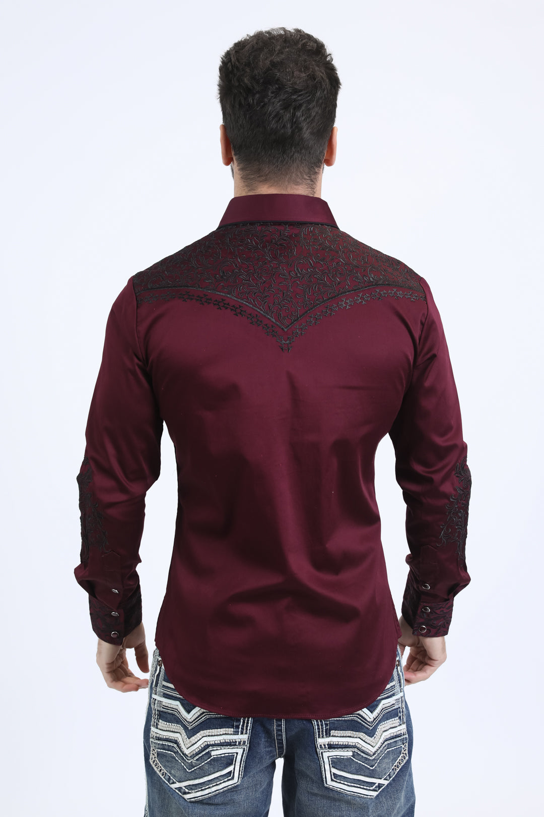 Mens Embroidery Modern Fit Stretch Wine Long Sleeve Shirt