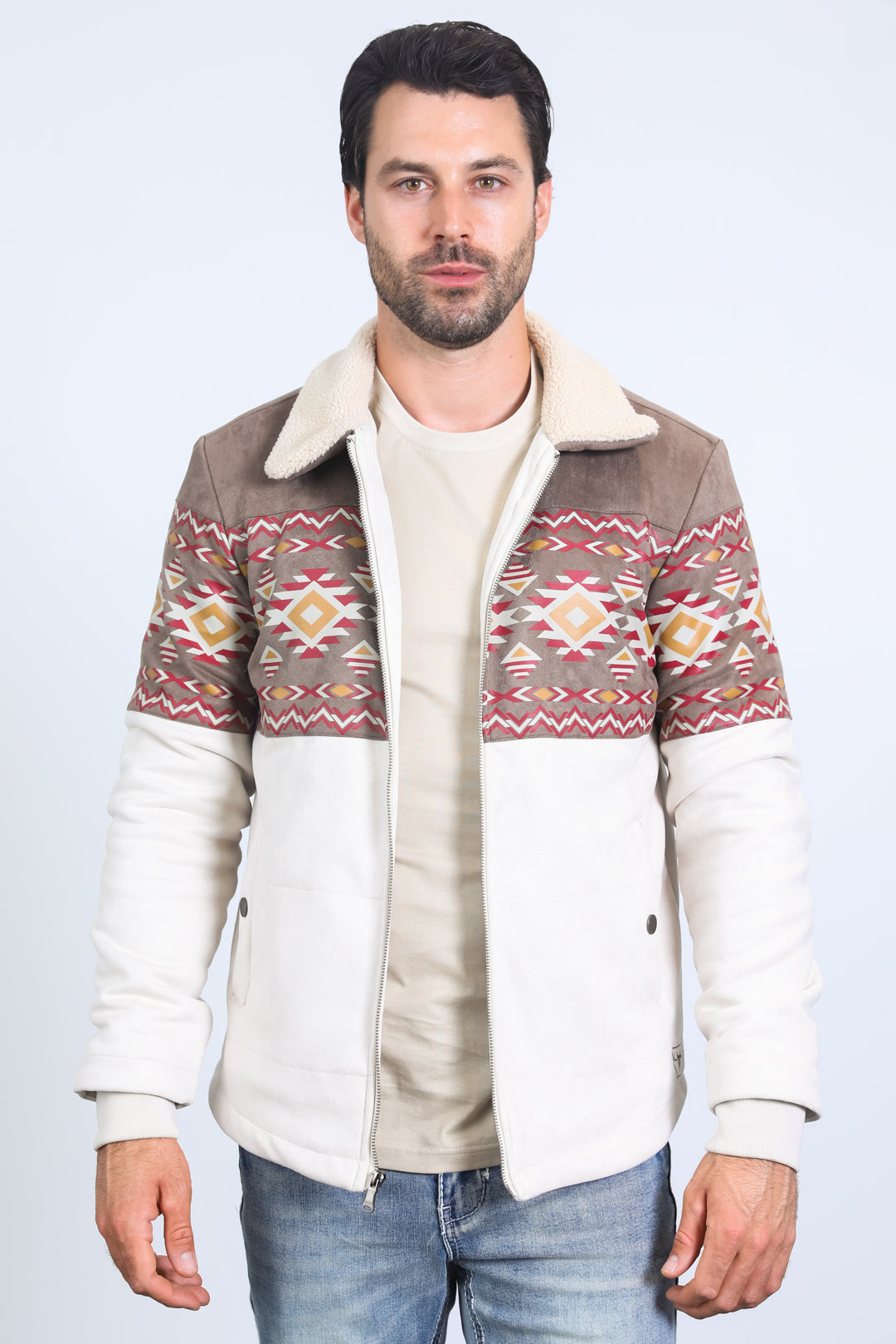 Mens Ethnic Aztec Fur Lined Quilted Suede Beige Jacket