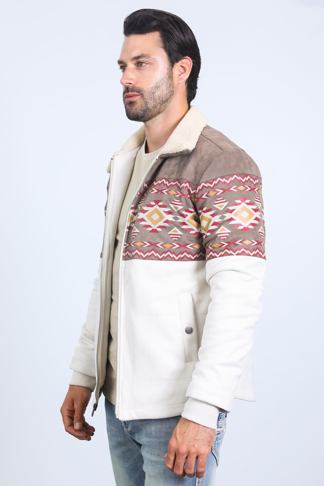 Mens Ethnic Aztec Fur Lined Quilted Suede Beige Jacket