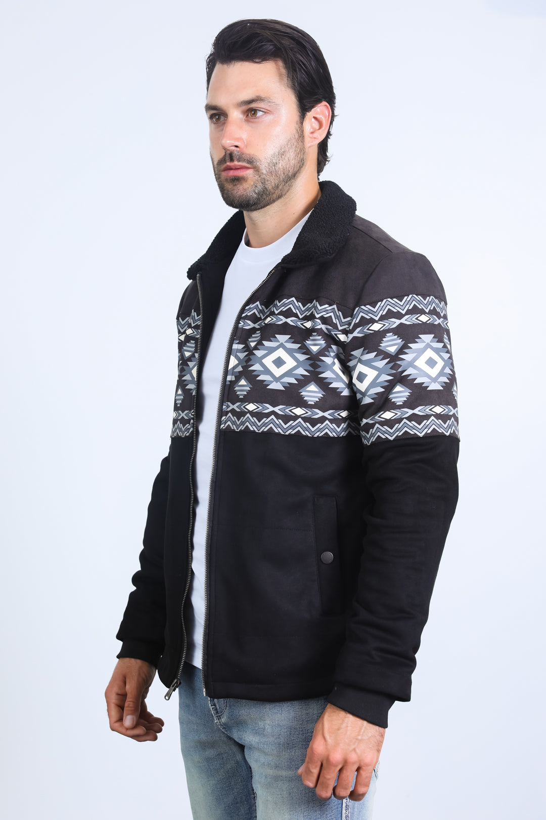 Mens Ethnic Aztec Fur Lined Quilted Suede Black Jacket