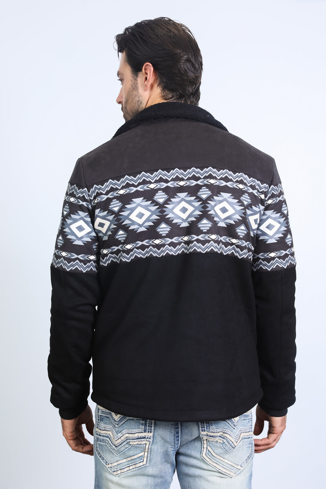 Mens Ethnic Aztec Fur Lined Quilted Suede Black Jacket