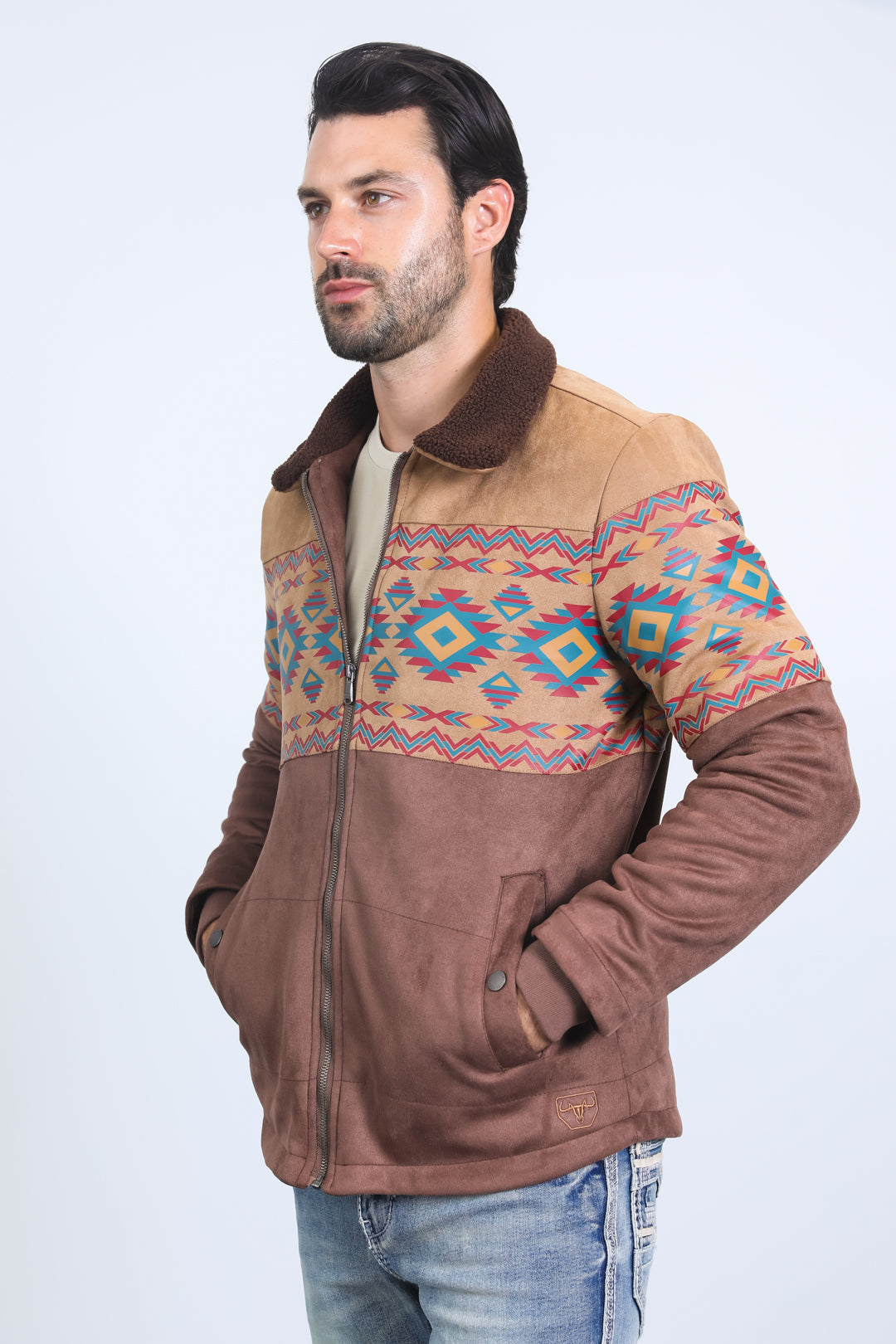 Mens Ethnic Aztec Fur Lined Quilted Suede Brown Jacket