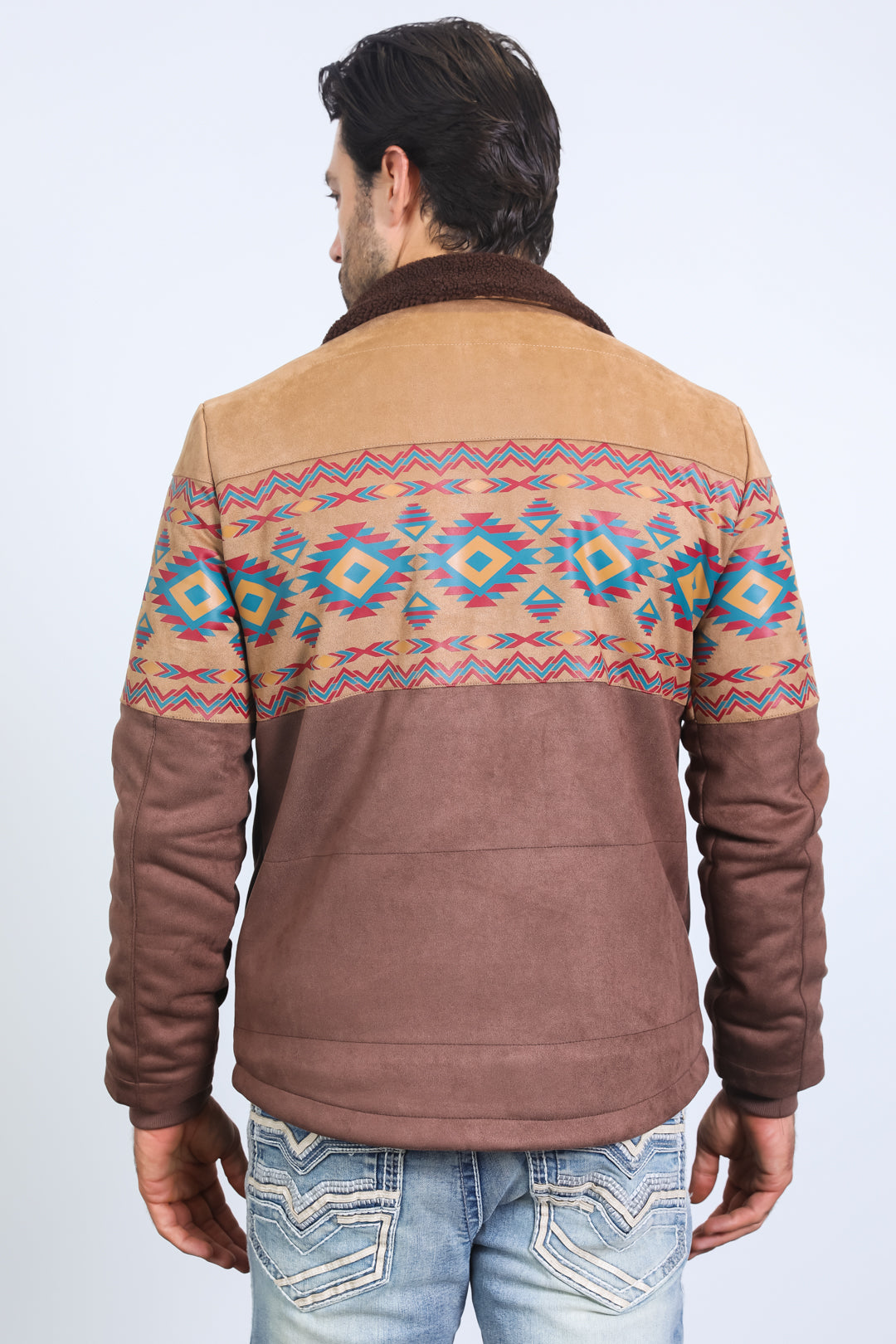 Mens Ethnic Aztec Fur Lined Quilted Suede Brown Jacket