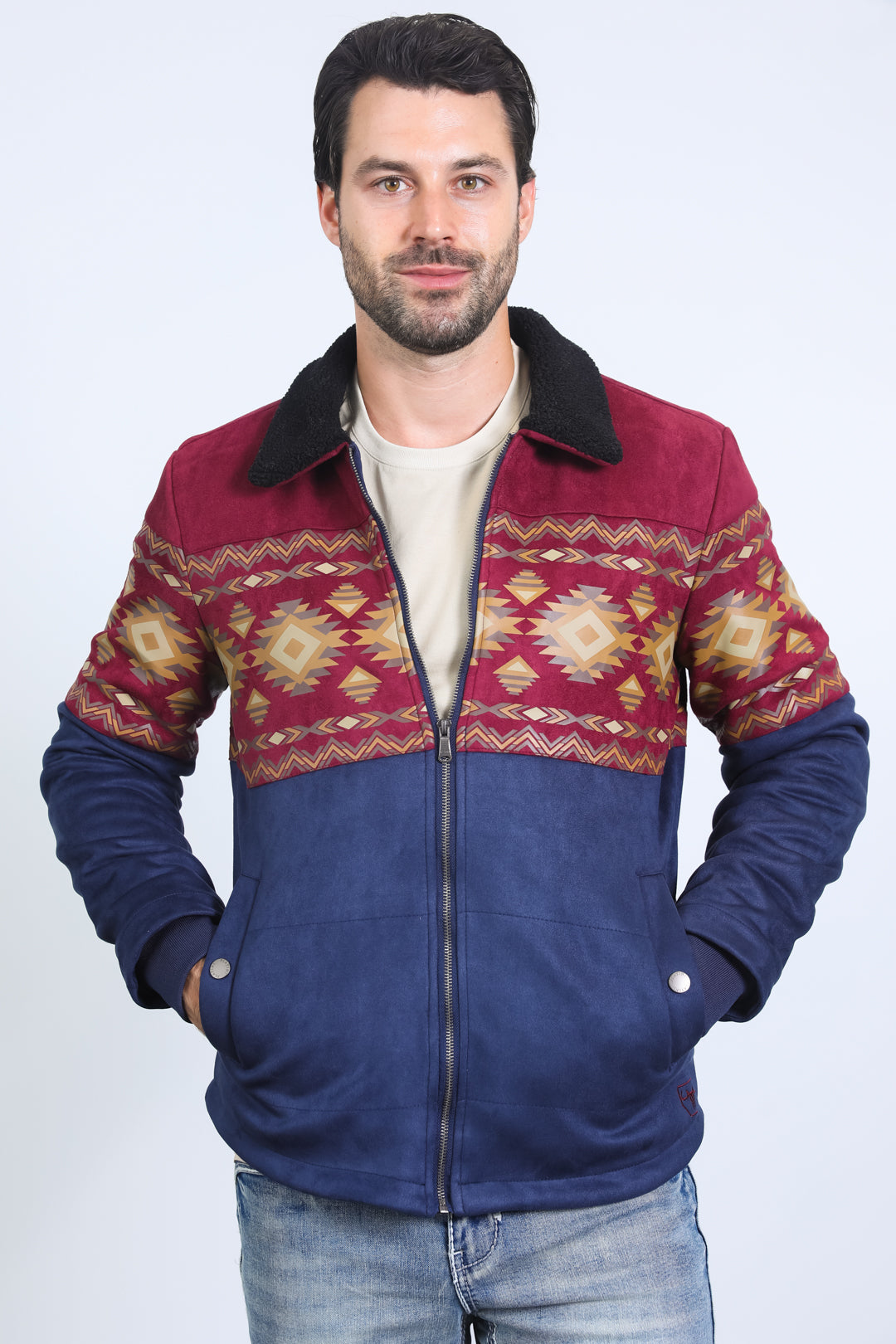 Mens Ethnic Aztec Fur Lined Quilted Suede Navy Jacket