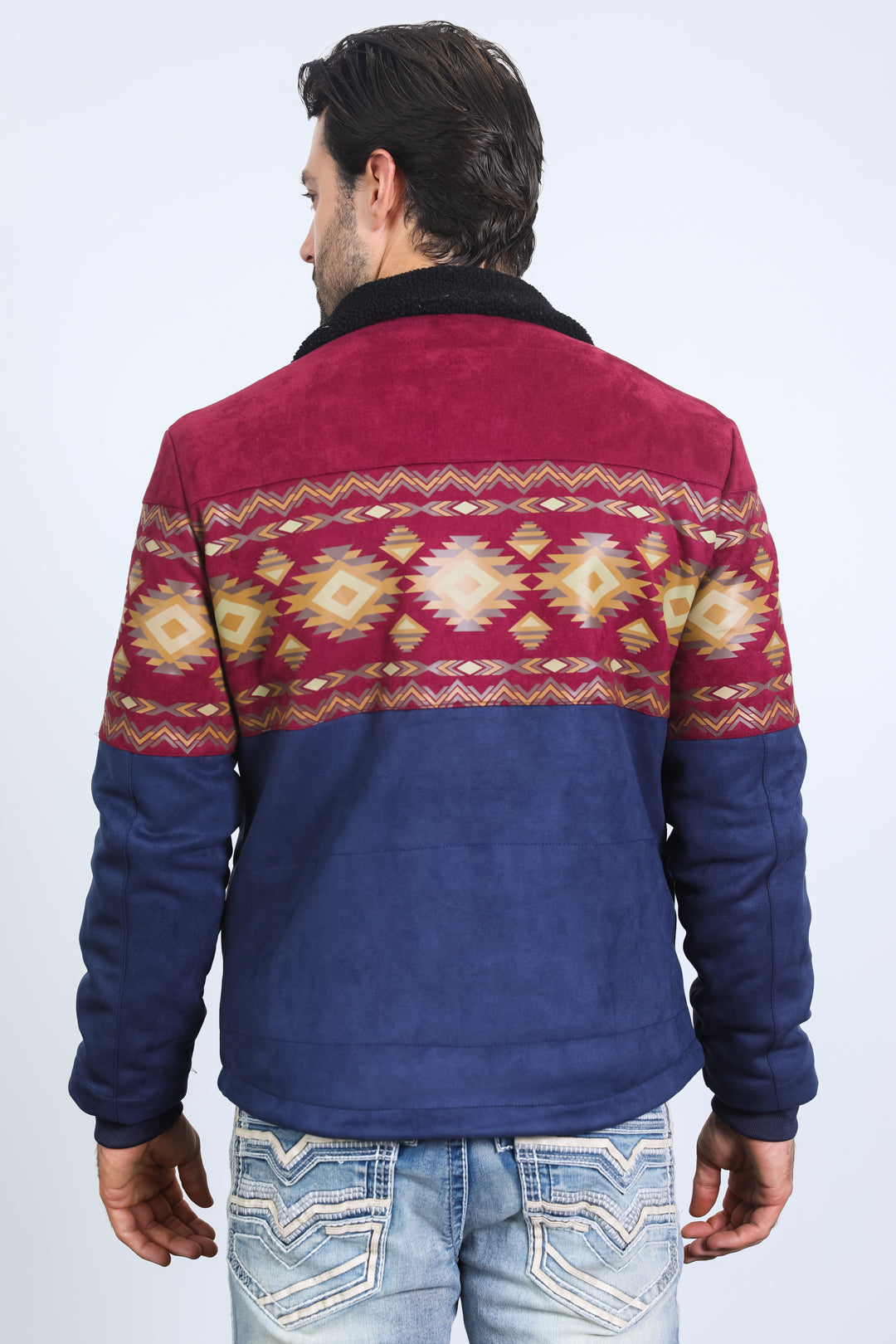 Mens Ethnic Aztec Fur Lined Quilted Suede Navy Jacket