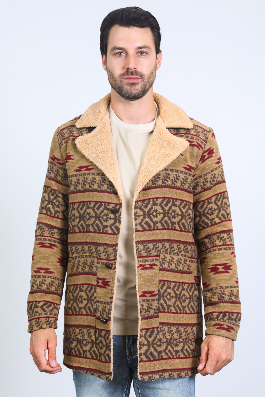 Mens Ethnic Aztec Long Twill Beige Coat