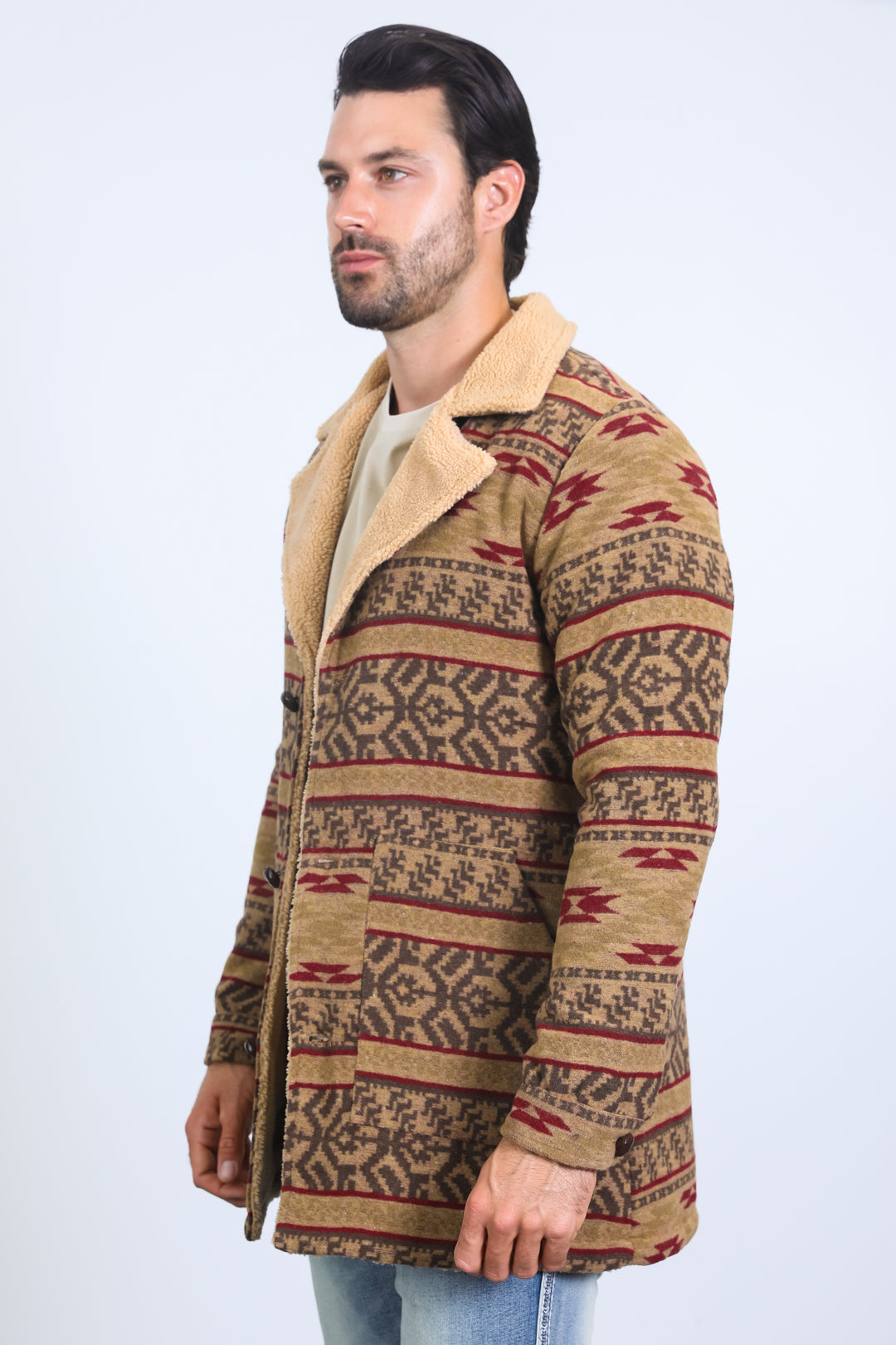 Mens Ethnic Aztec Long Twill Beige Coat