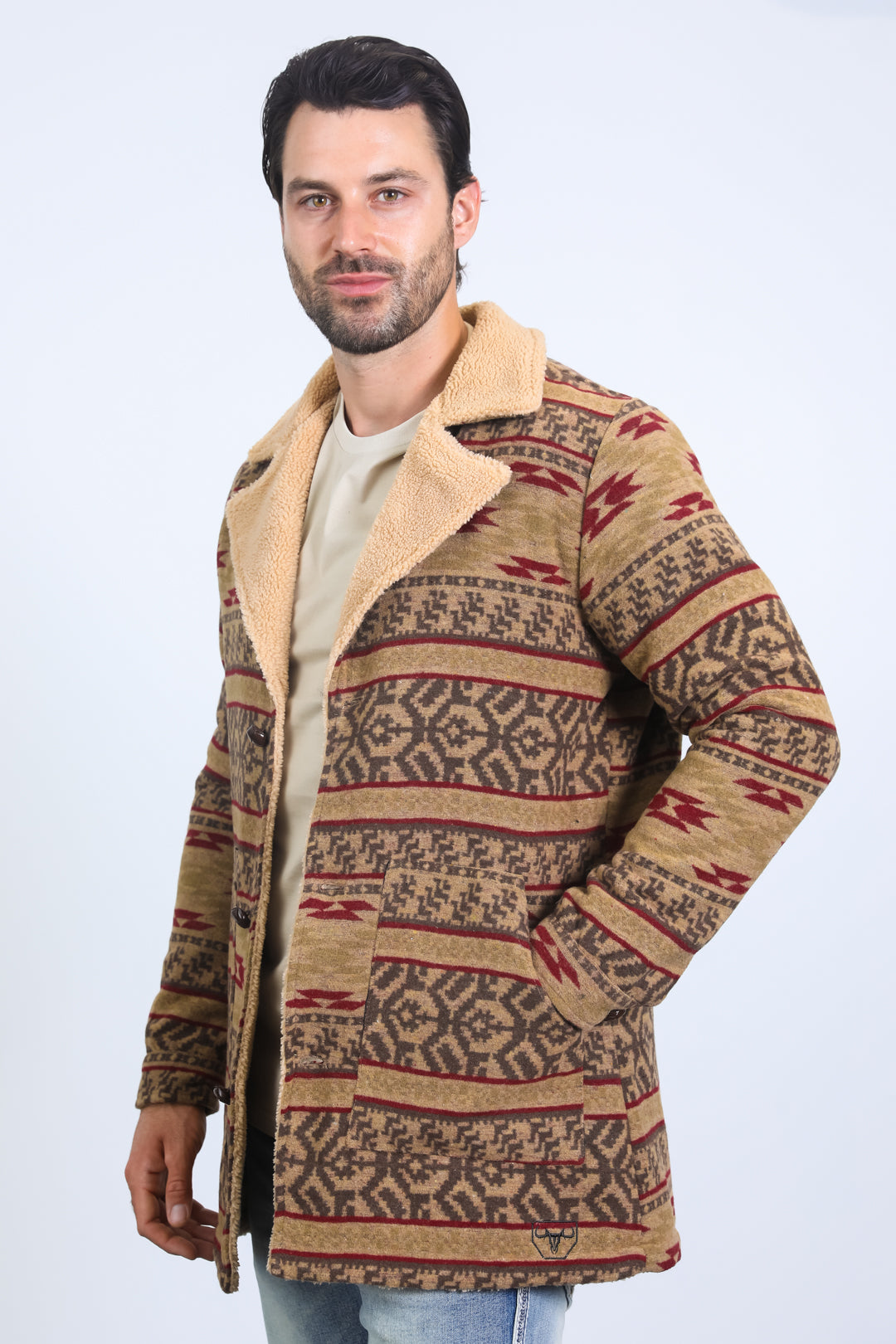 Mens Ethnic Aztec Long Twill Beige Coat