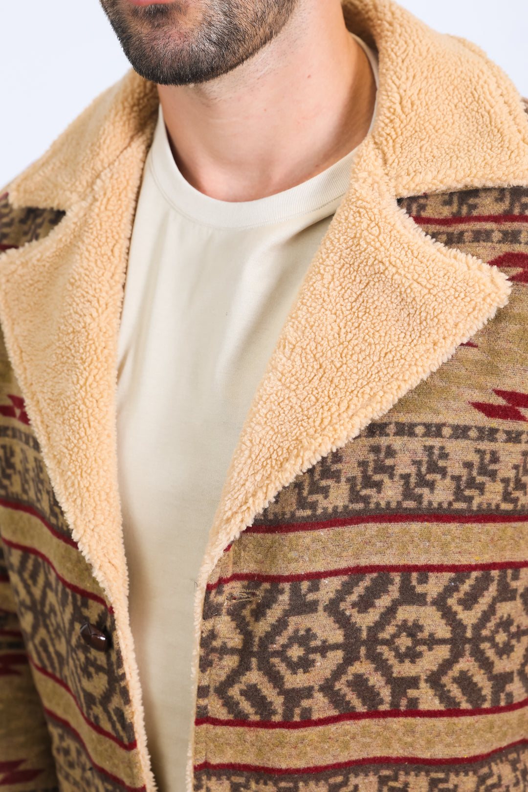 Mens Ethnic Aztec Long Twill Beige Coat