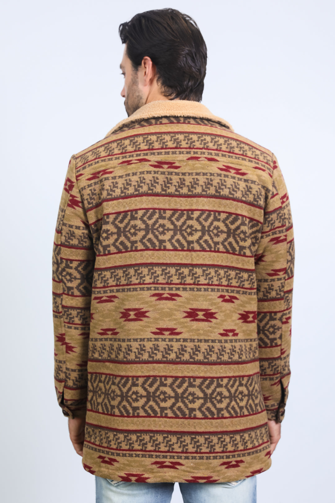 Mens Ethnic Aztec Long Twill Beige Coat