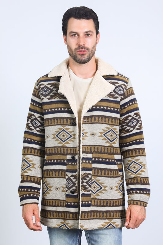 Mens Ethnic Aztec Long Twill Beige Coat