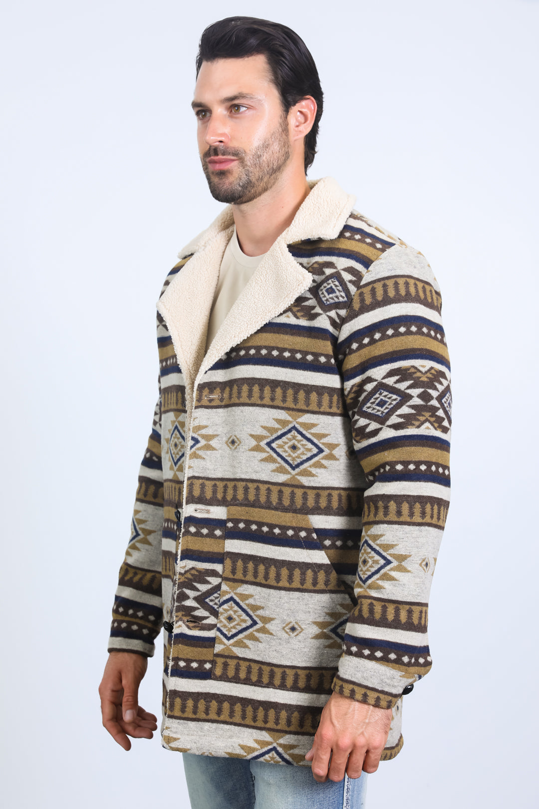 Mens Ethnic Aztec Long Twill Beige Coat