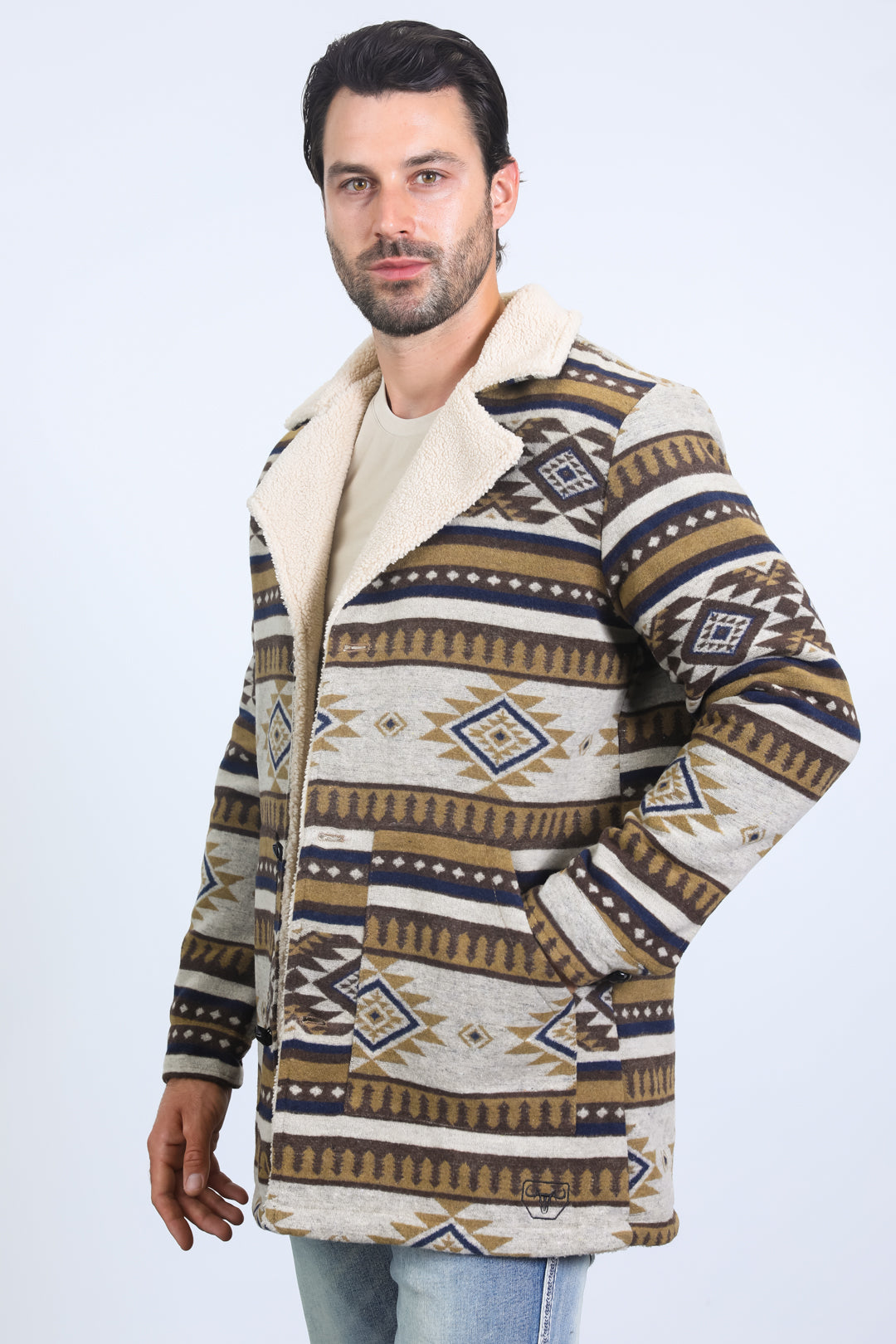 Mens Ethnic Aztec Long Twill Beige Coat