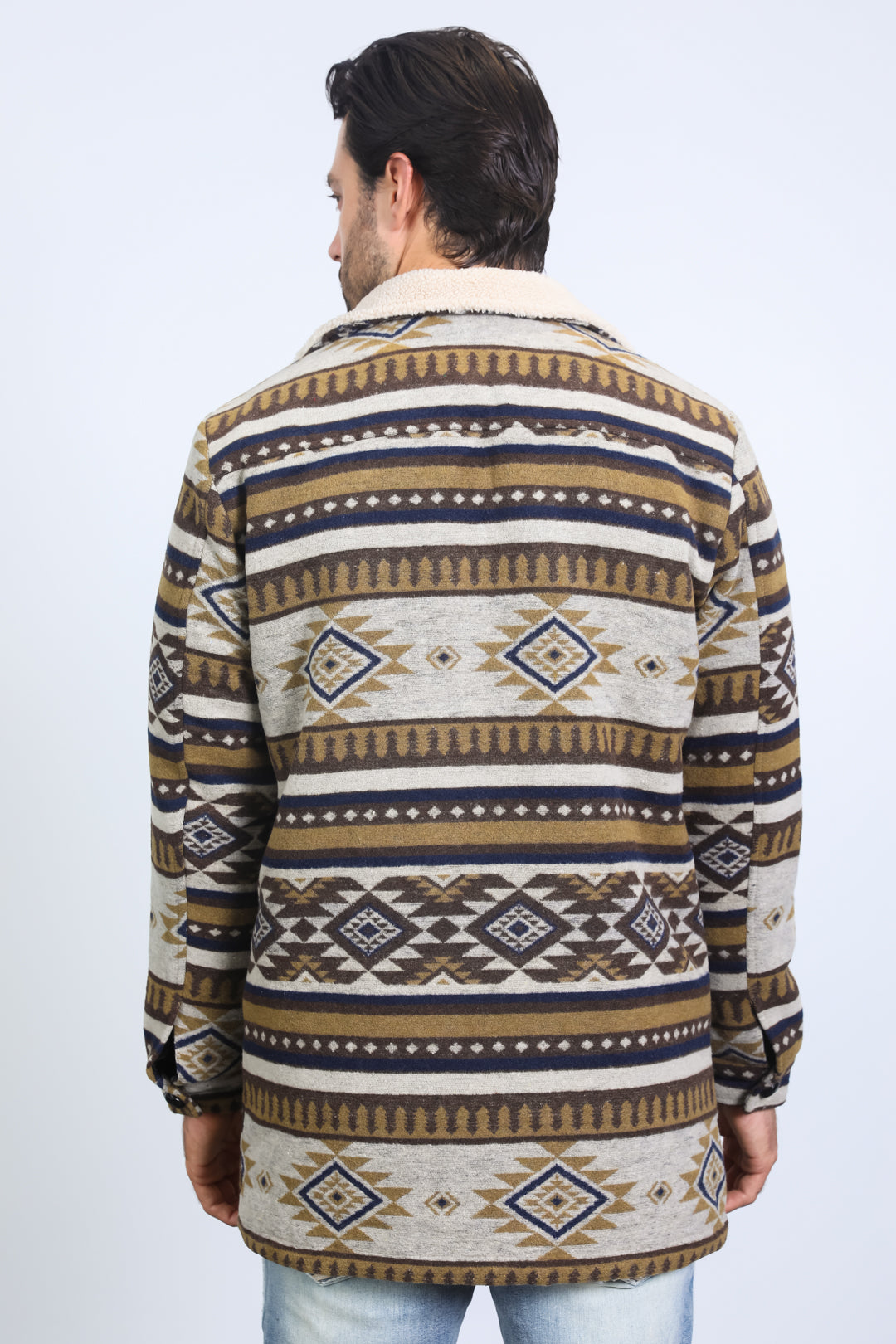 Mens Ethnic Aztec Long Twill Beige Coat