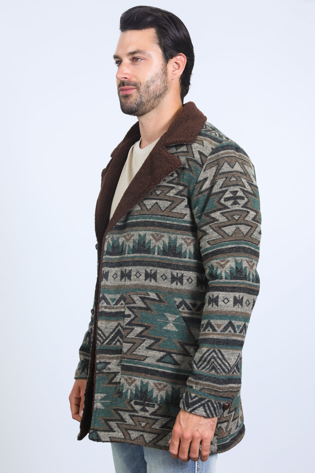 Mens Ethnic Aztec Long Twill Turquoise Coat