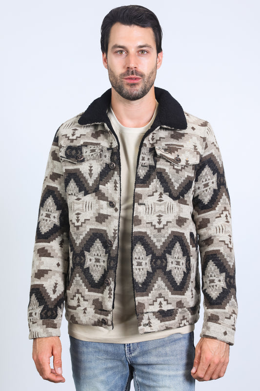 Mens Ethnic Aztec Quilted Fur Lined Beige Jacket