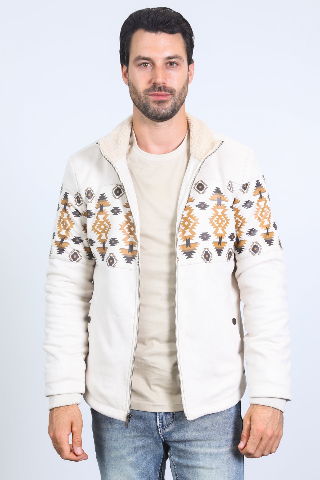 Men's Ethnic Aztec Quilted Fur Lined Beige Jacket