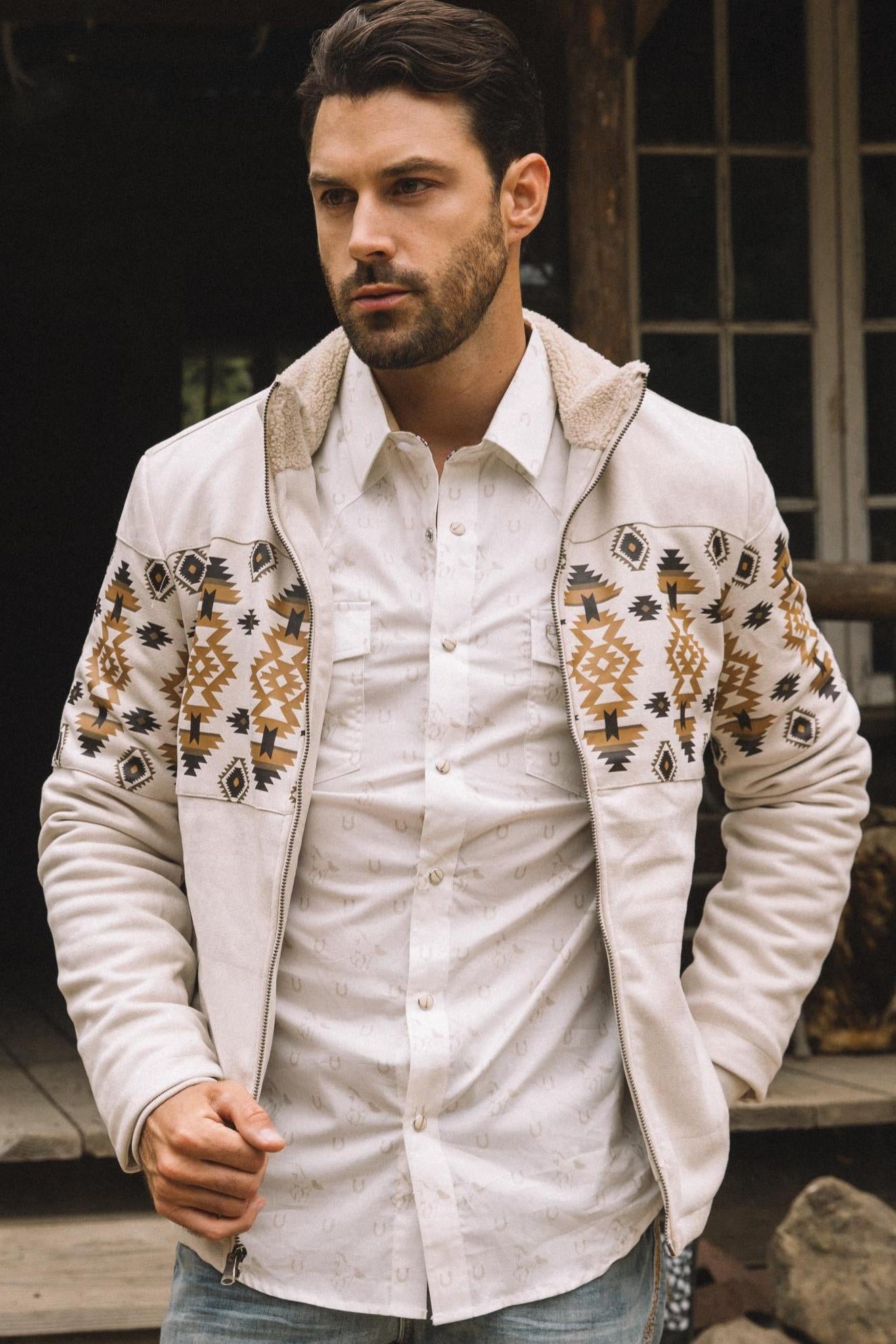 Men's Ethnic Aztec Quilted Fur Lined Beige Jacket