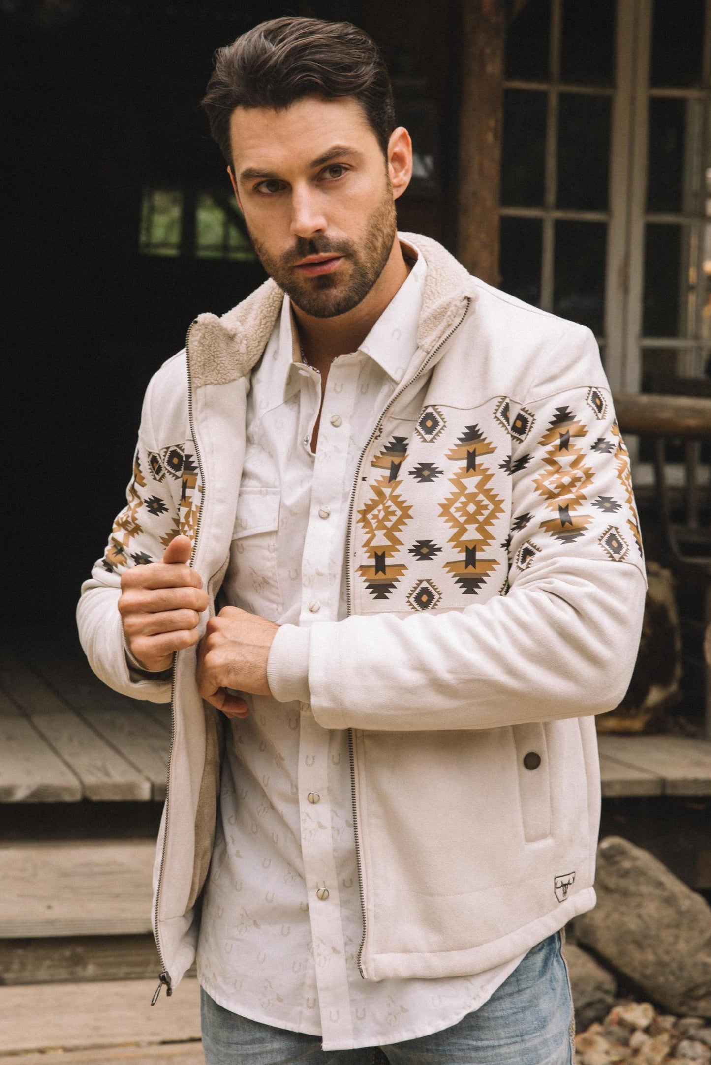 Men's Ethnic Aztec Quilted Fur Lined Beige Jacket