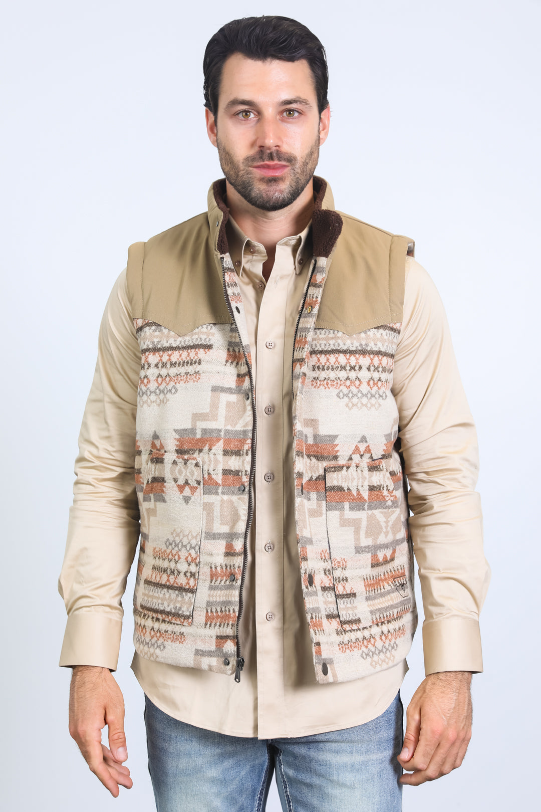 Mens Ethnic Aztec Quilted Fur Lined Beige Vest