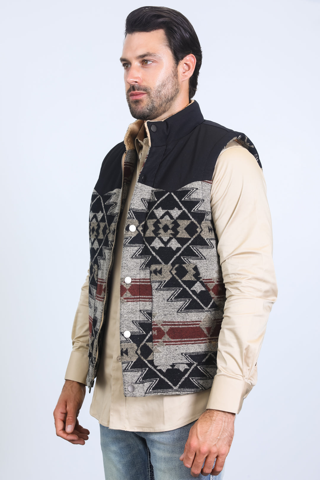 Mens Ethnic Aztec Quilted Fur Lined Black/Khaki Vest