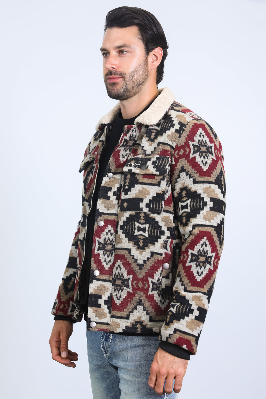 Mens Ethnic Aztec Quilted Fur Lined Black/Red Jacket