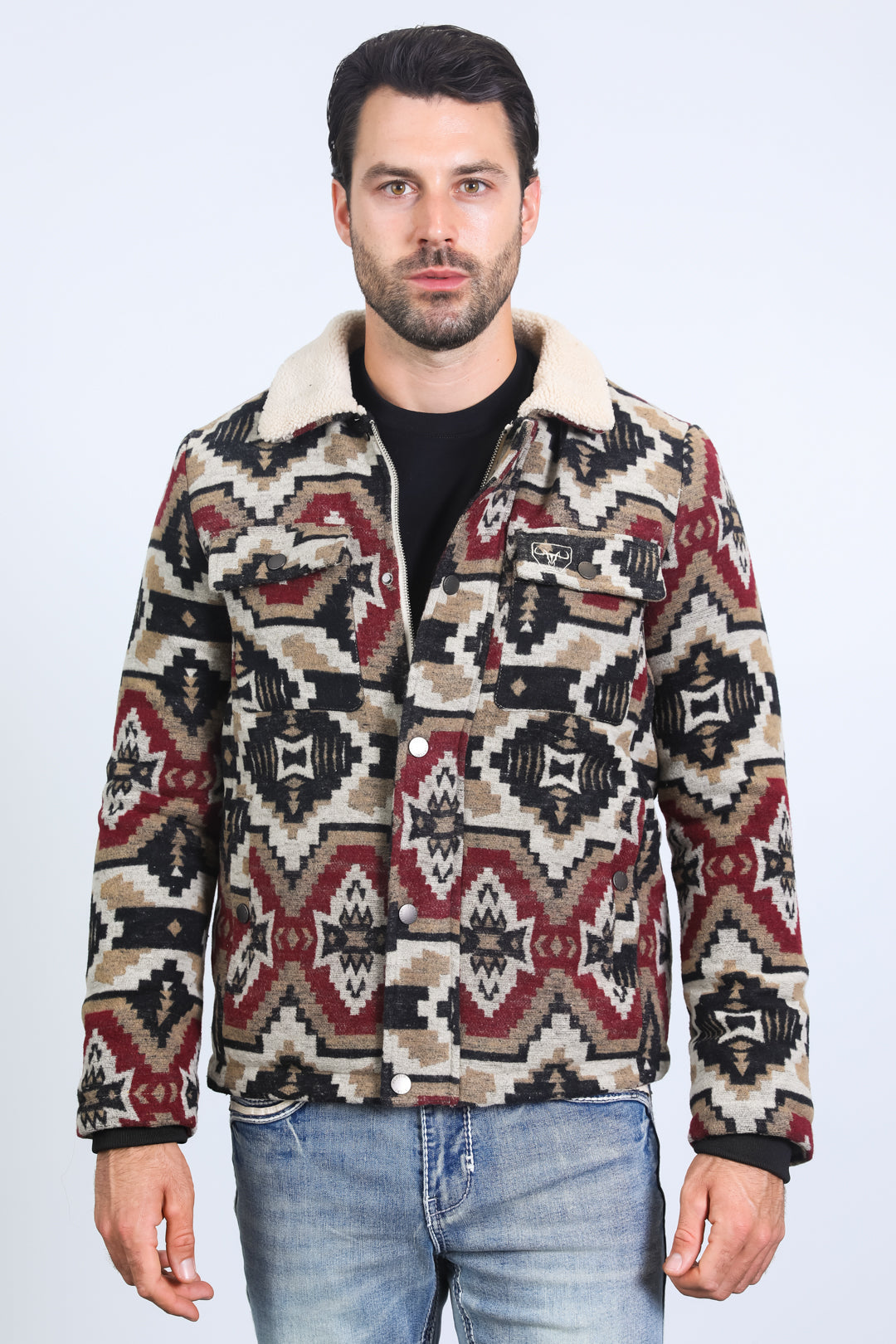 Mens Ethnic Aztec Quilted Fur Lined Black/Red Jacket