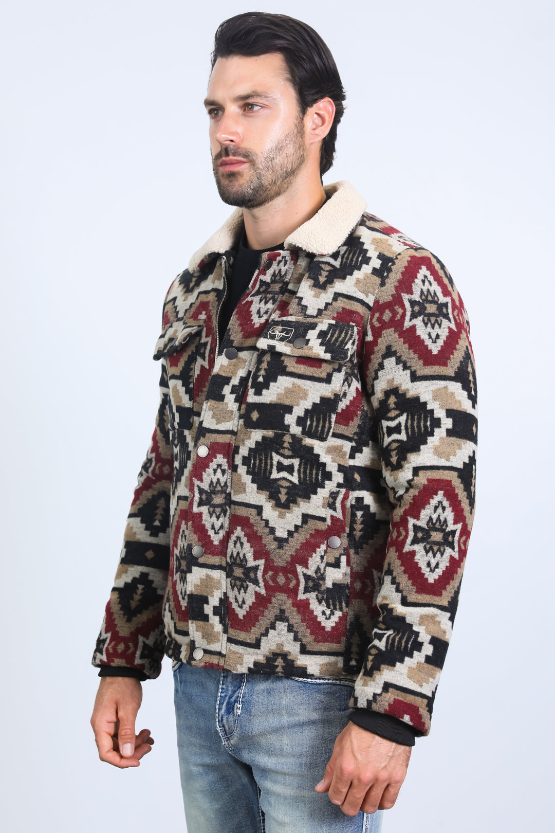 Mens Ethnic Aztec Quilted Fur Lined Black/Red Jacket