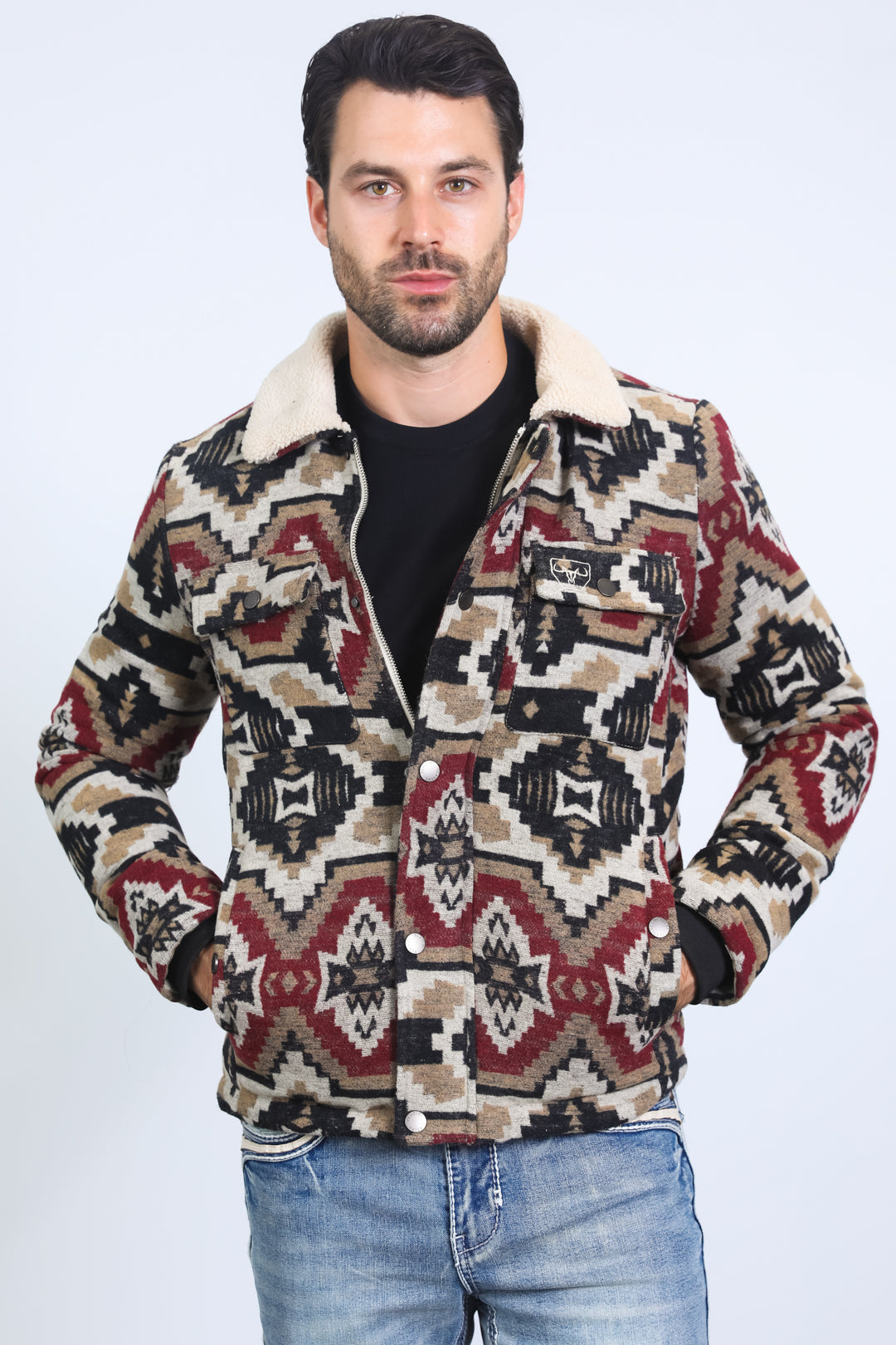 Mens Ethnic Aztec Quilted Fur Lined Black/Red Jacket