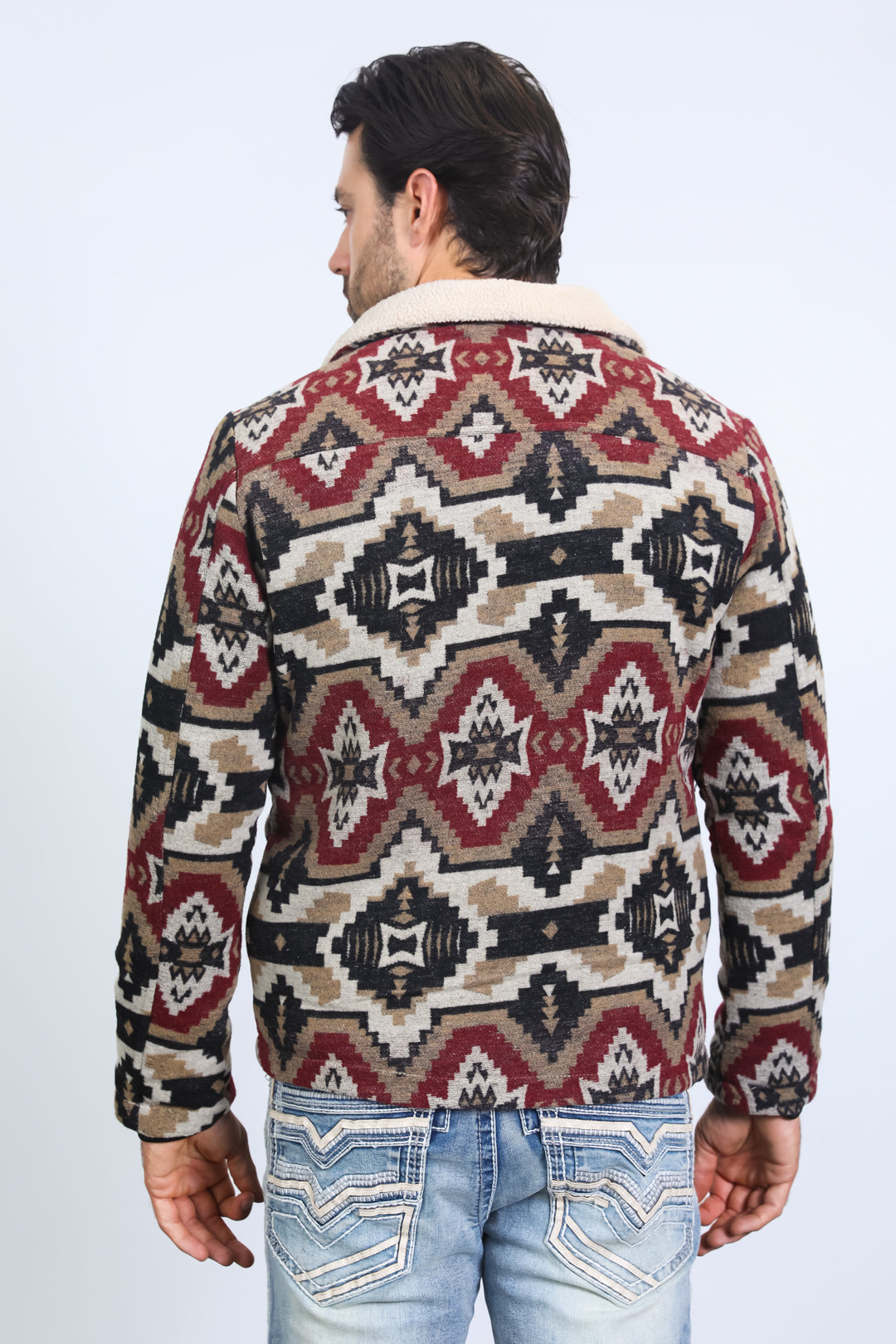 Mens Ethnic Aztec Quilted Fur Lined Black/Red Jacket