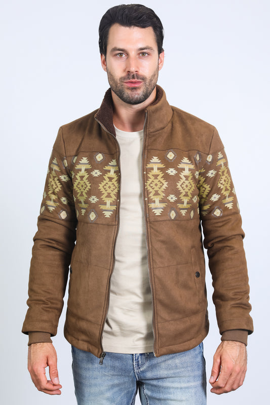 Men's Ethnic Aztec Quilted Fur Lined Brown Jacket