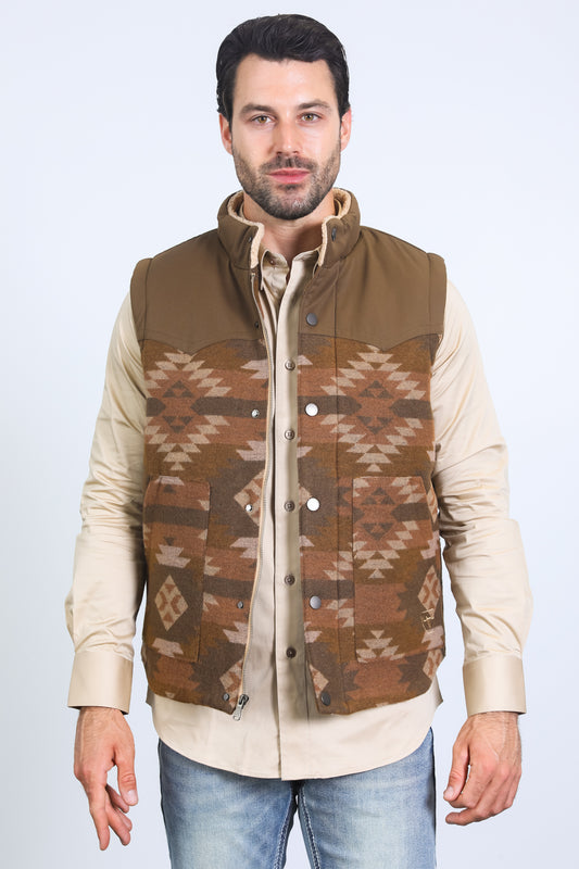 Mens Ethnic Aztec Quilted Fur Lined Brown Vest