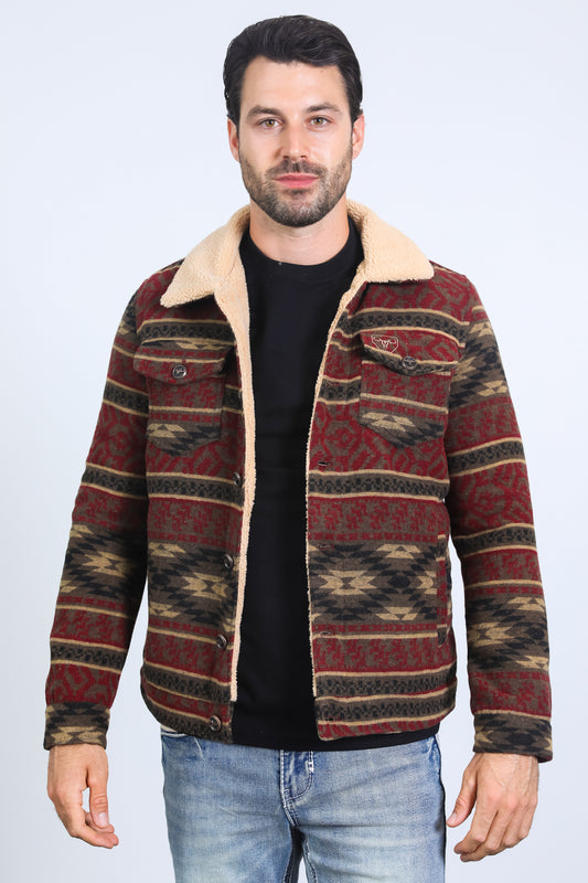 Mens Ethnic Aztec Quilted Fur Lined Burgundy Jacket