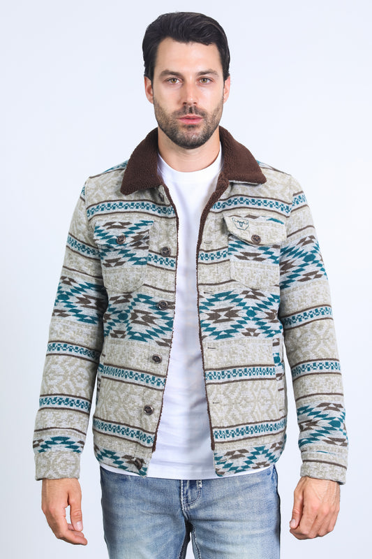 Mens Ethnic Aztec Quilted Fur Lined Grey Jacket