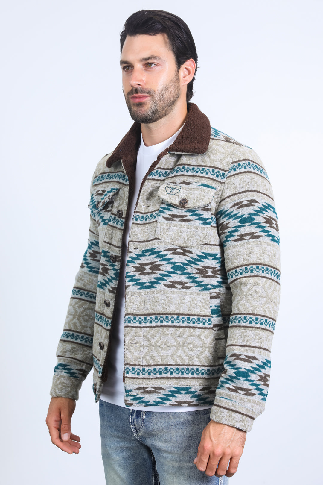 Mens Ethnic Aztec Quilted Fur Lined Grey Jacket