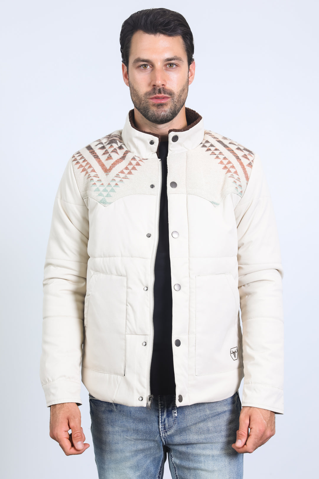 Men's Ethnic Aztec Quilted Fur Lined Twill Beige Jacket