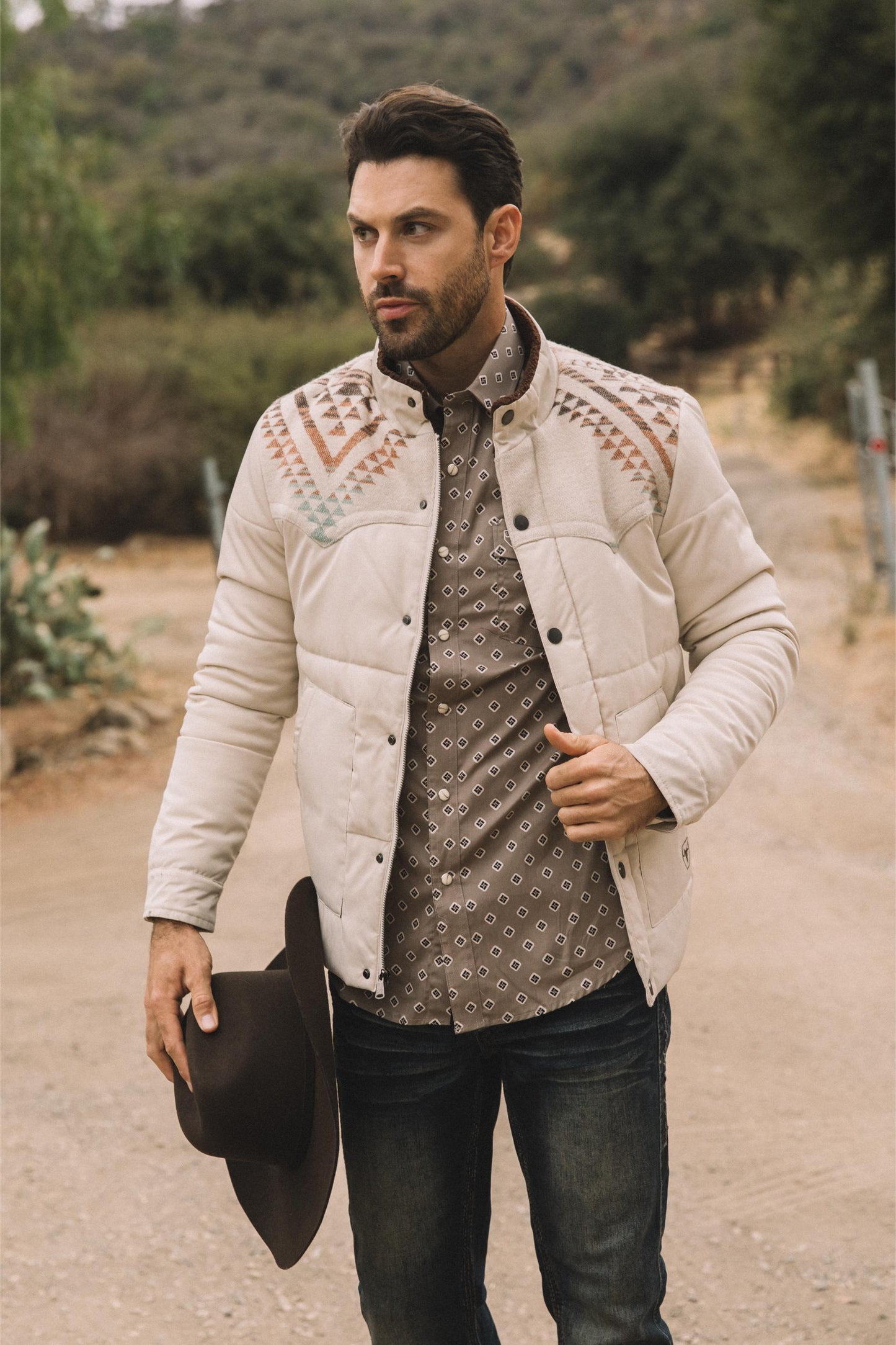 Men's Ethnic Aztec Quilted Fur Lined Twill Beige Jacket