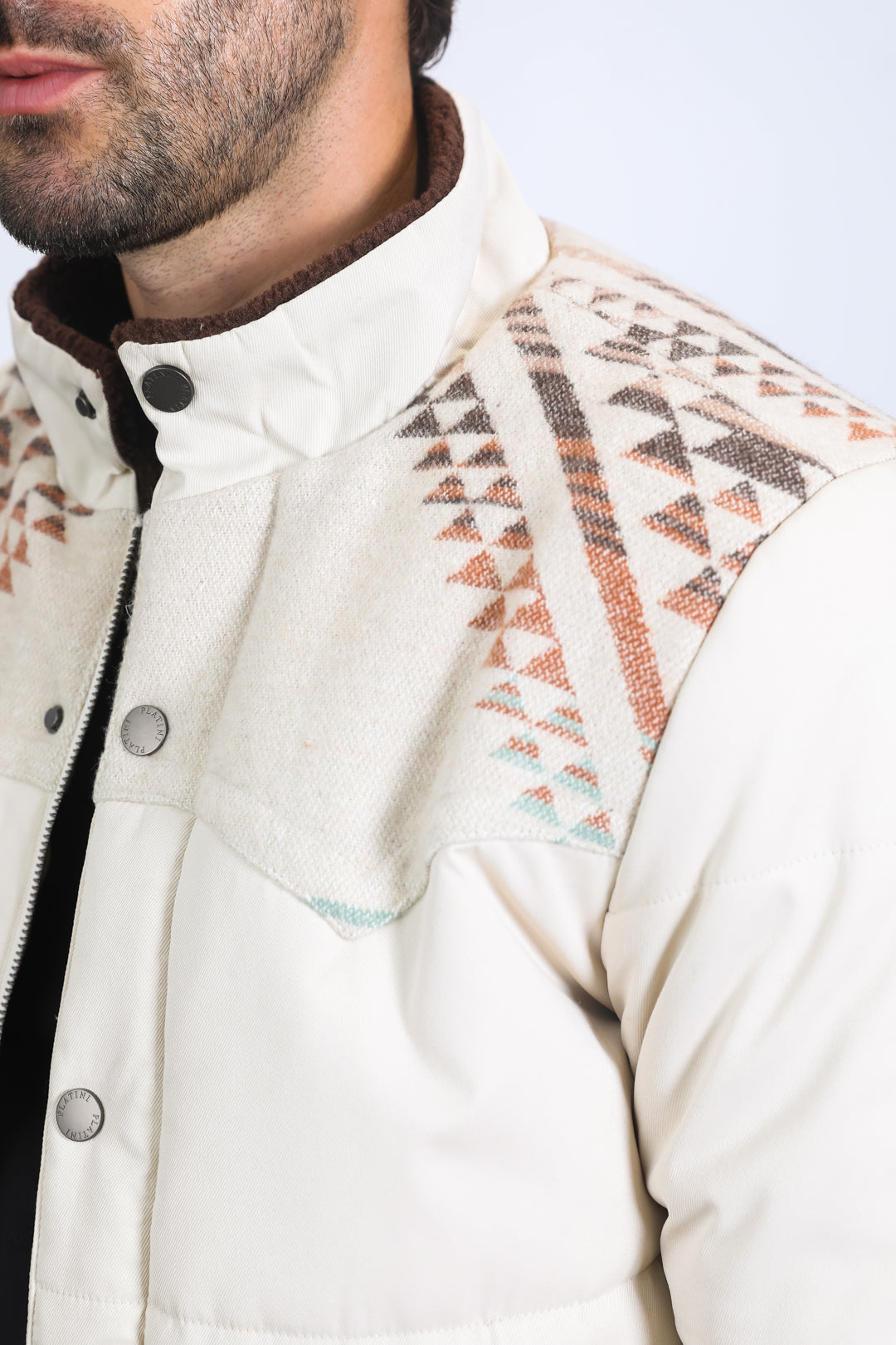 Men's Ethnic Aztec Quilted Fur Lined Twill Beige Jacket