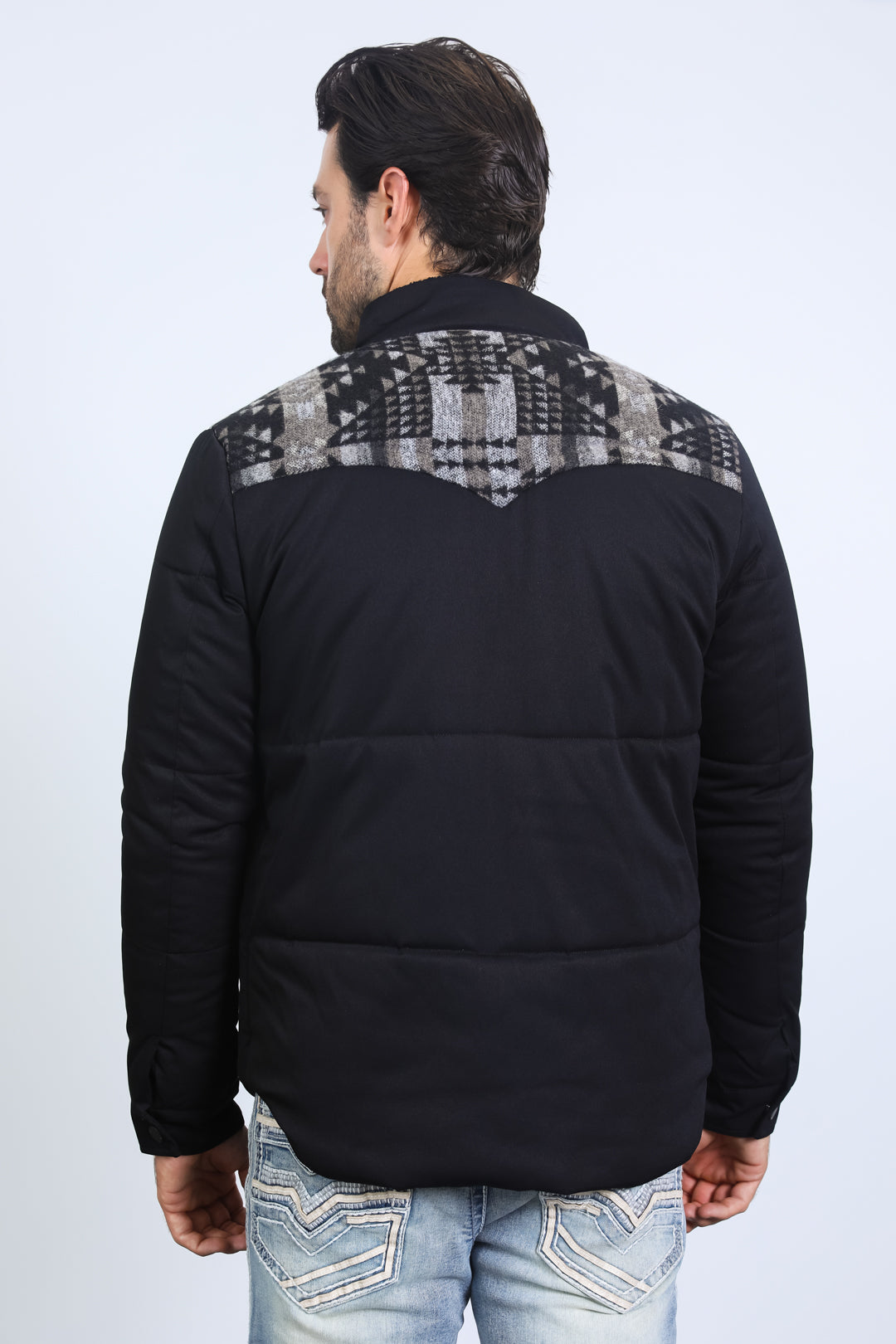 Men's Ethnic Aztec Quilted Fur Lined Twill Black Jacket