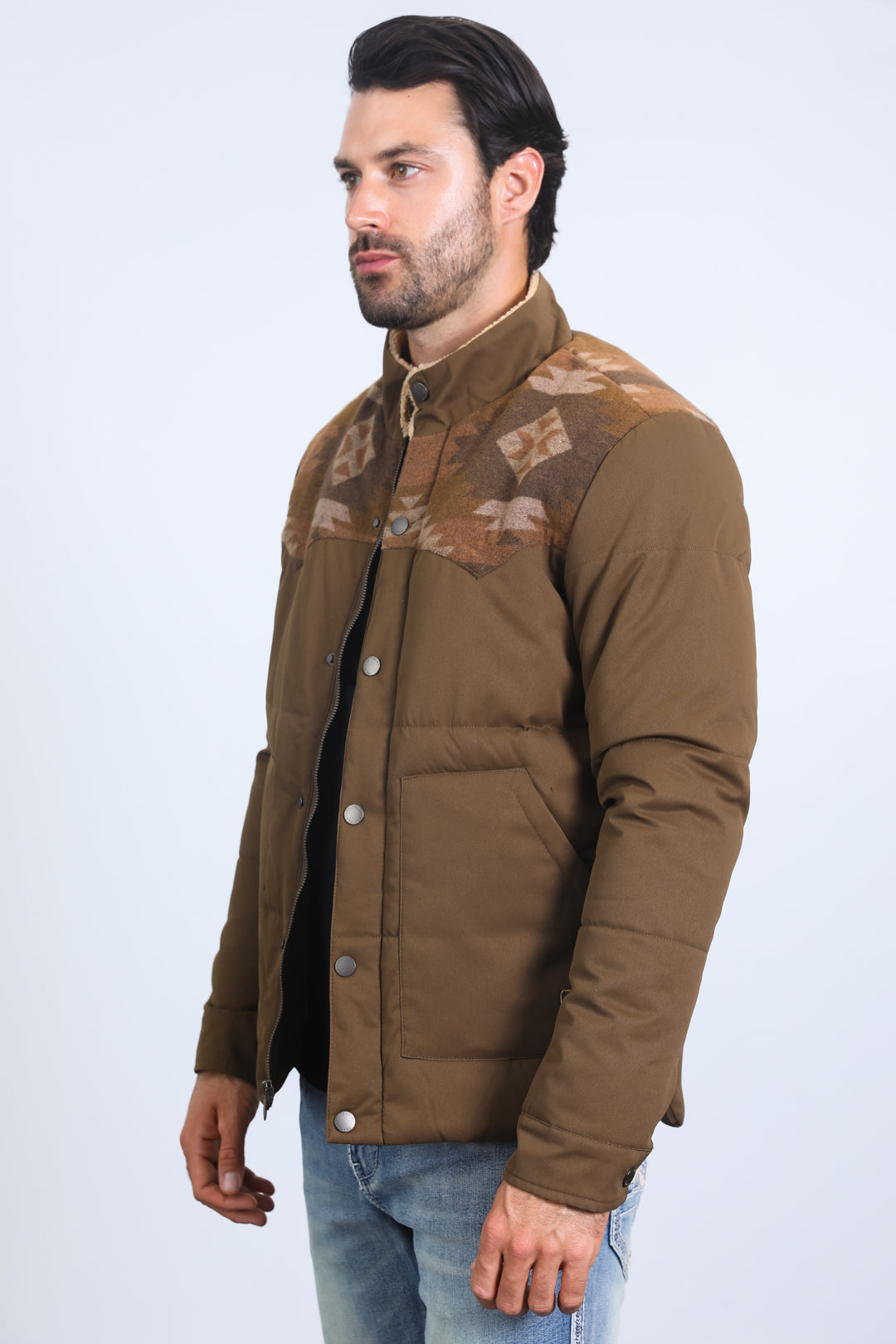 Men's Ethnic Aztec Quilted Fur Lined Twill Brown Jacket