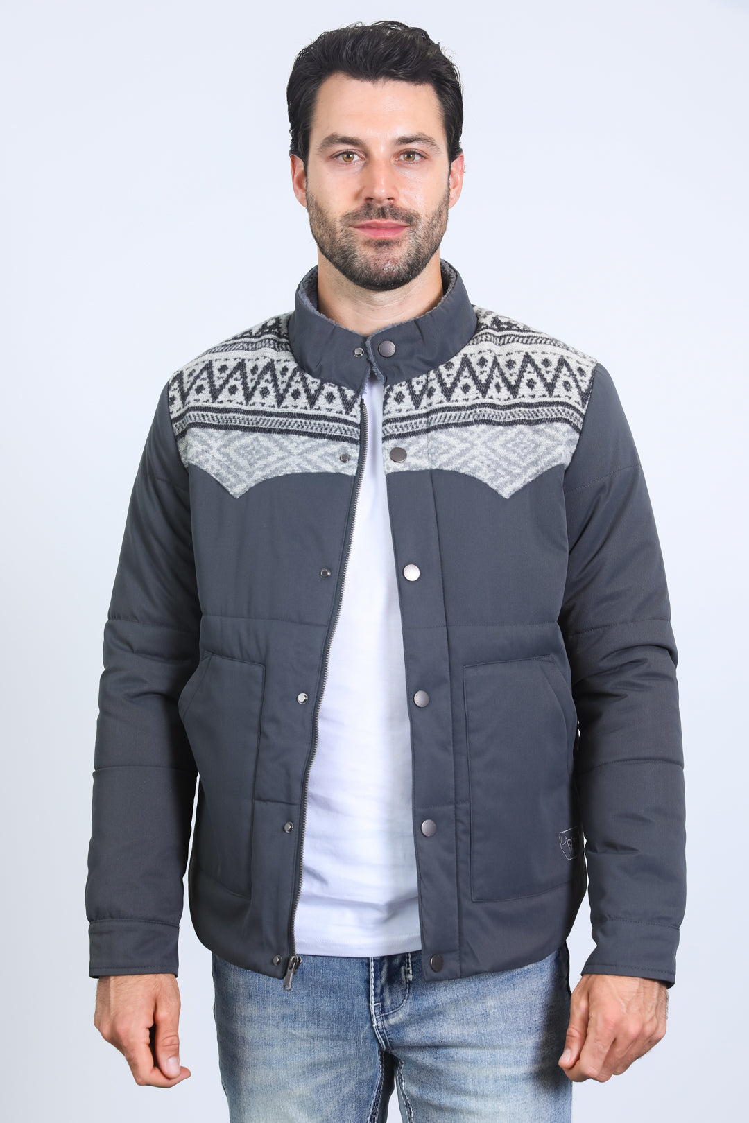 Men's Ethnic Aztec Quilted Fur Lined Twill Grey Jacket