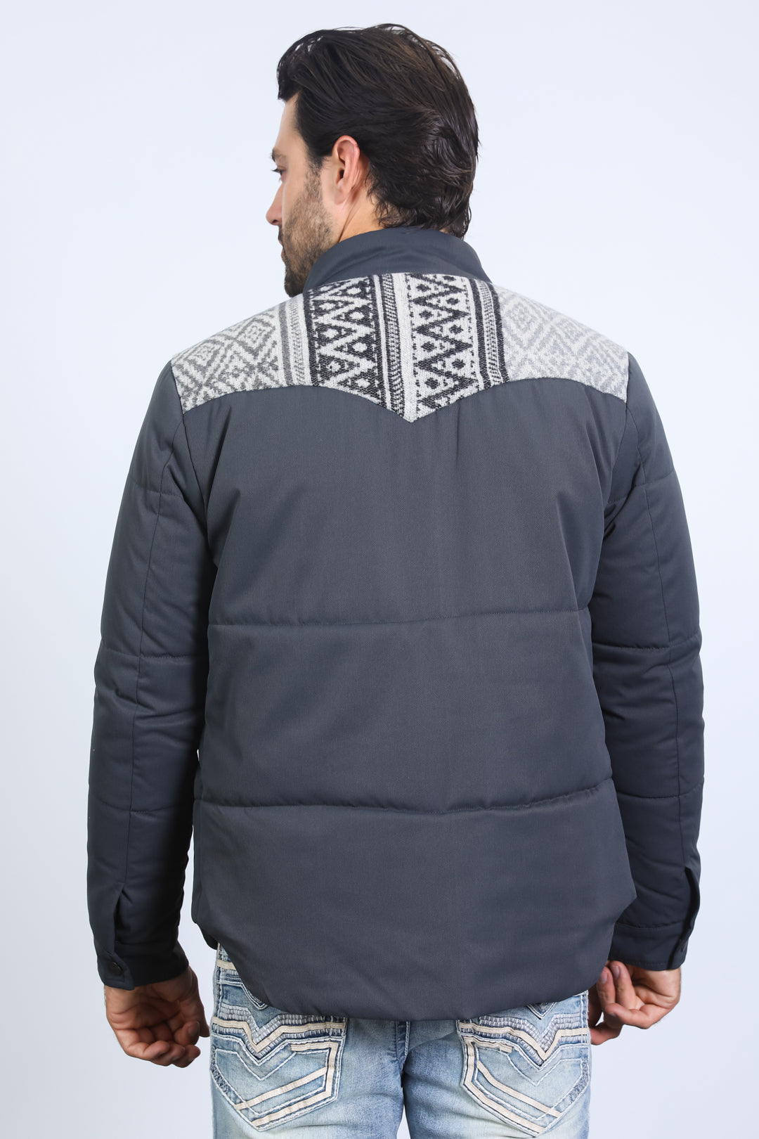 Men's Ethnic Aztec Quilted Fur Lined Twill Grey Jacket