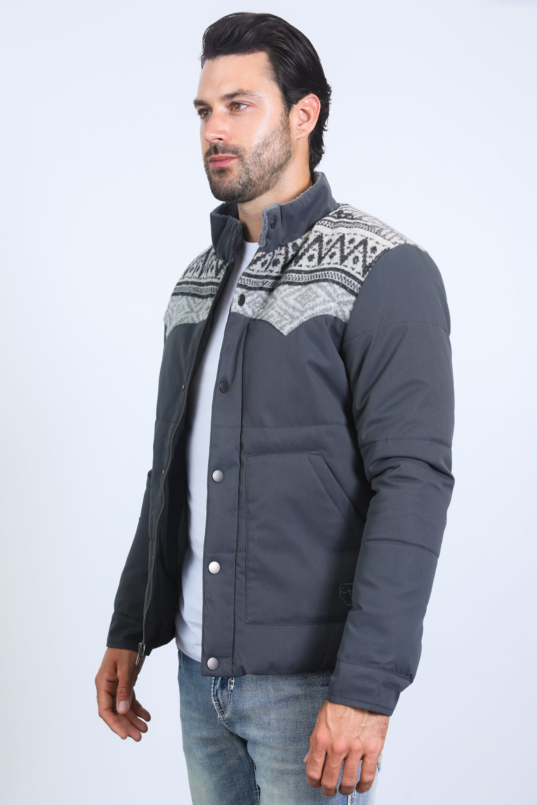 Men's Ethnic Aztec Quilted Fur Lined Twill Grey Jacket