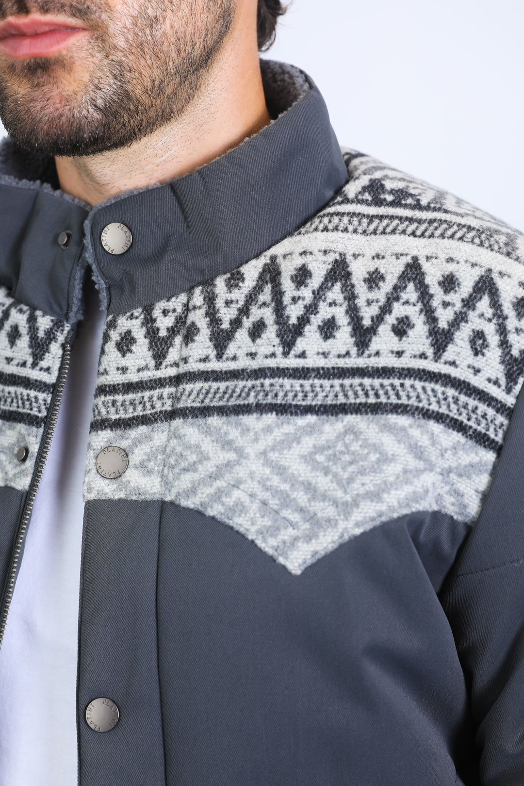 Men's Ethnic Aztec Quilted Fur Lined Twill Grey Jacket