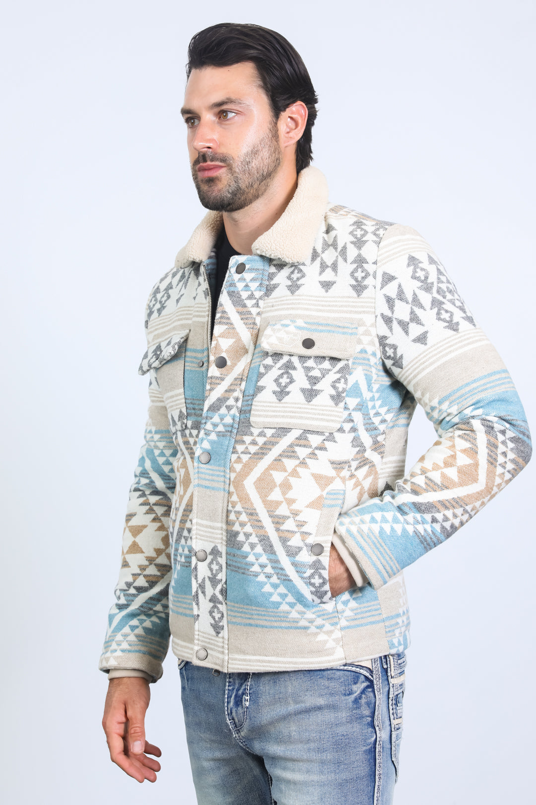 Mens Ethnic Aztec Quilted Twill Beige Jacket