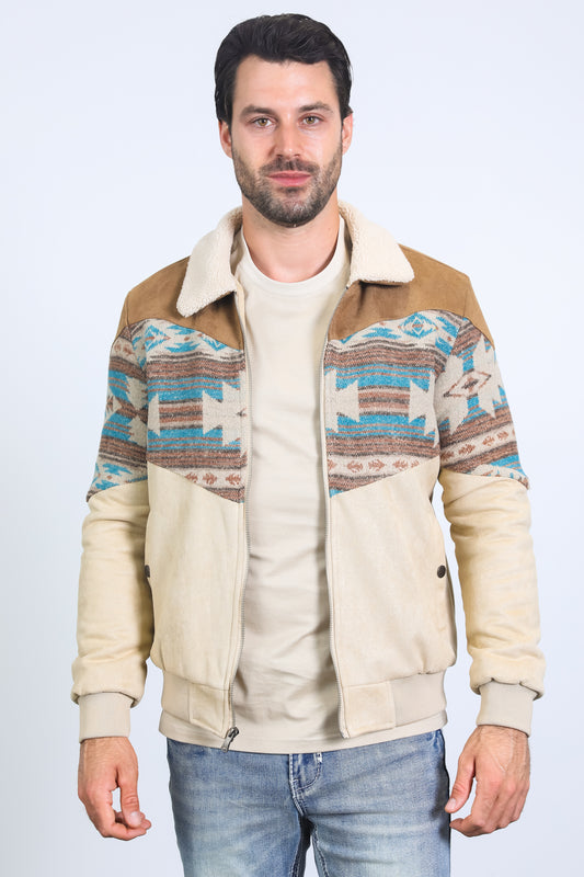 Mens Ethnic Aztec Quilted Twill Beige Jacket W/Suede Accents