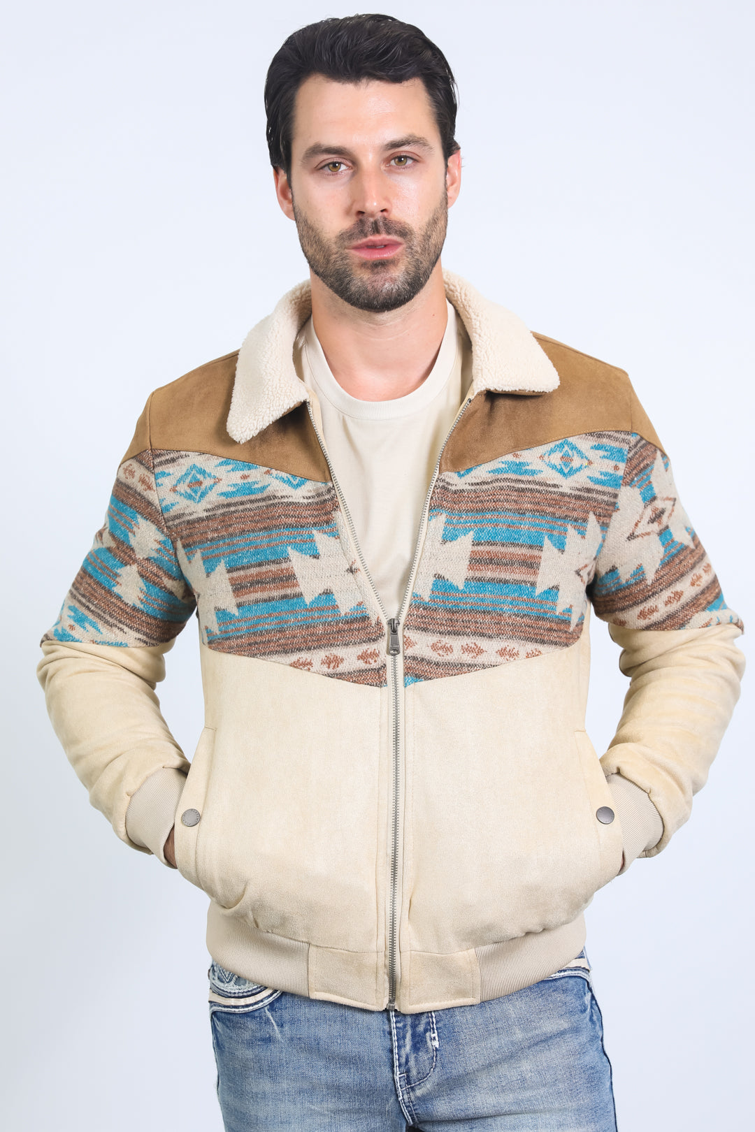 Mens Ethnic Aztec Quilted Twill Beige Jacket W/Suede Accents